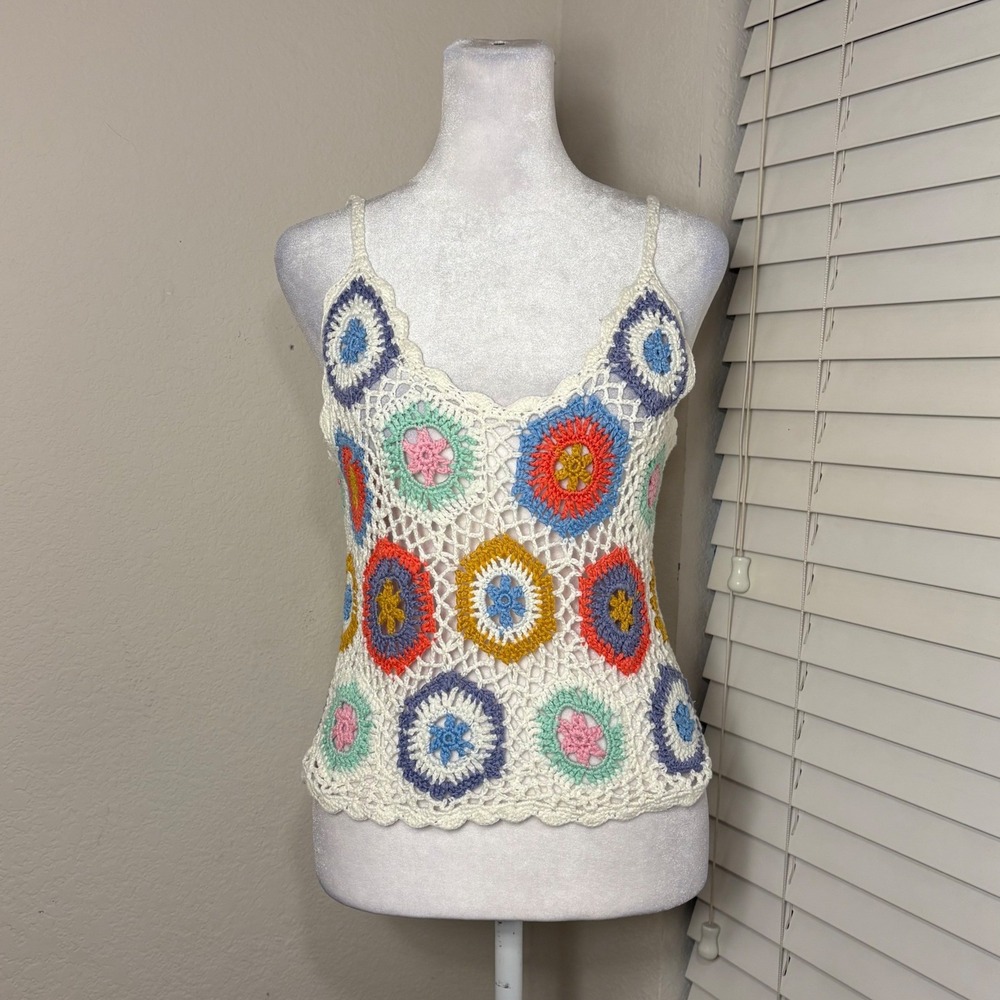 Altard State size S white rainbow crochet open knit tank top boho hippie fairy